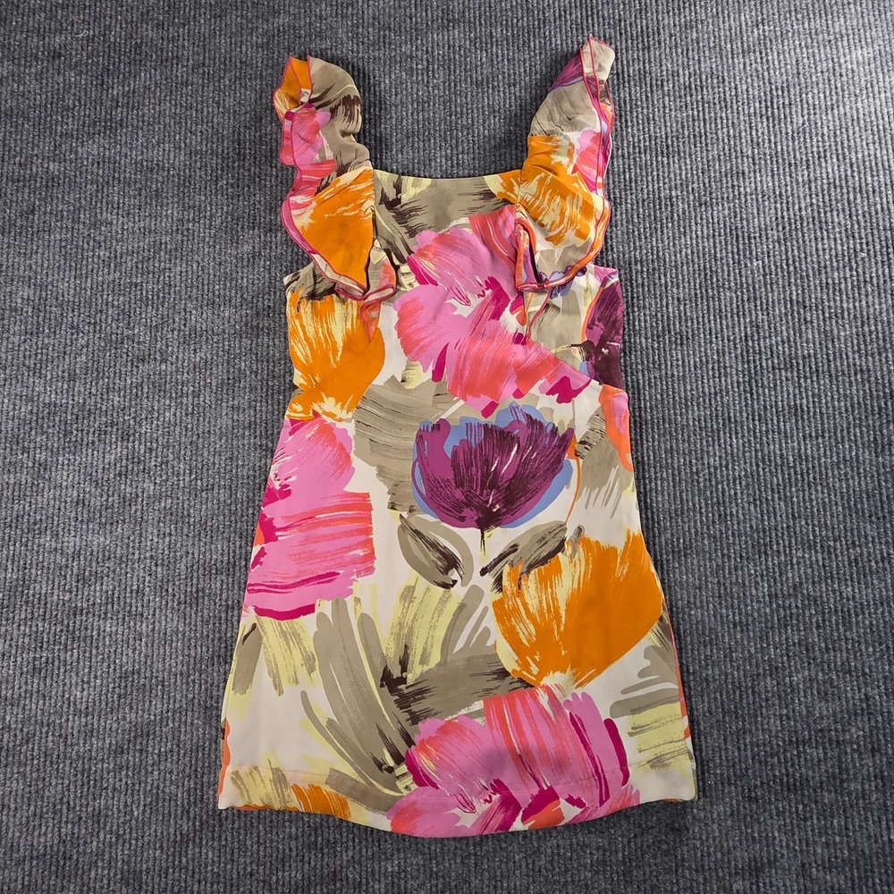 BCBGMAXAZRIA Floral Ruffle Silk Mini Dress‎ Pink Orange Size 4 Summer Party